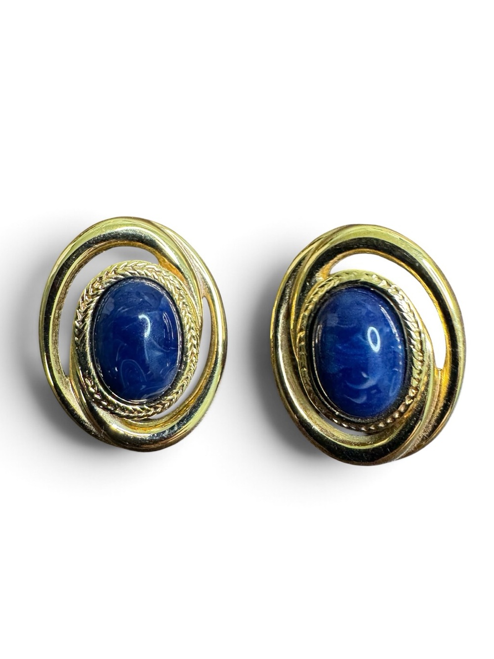 Monet Gold Plated Earrings with Deep Blue Marbled Oval Cabochons - Post Back